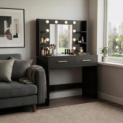 Black Treevan Muse Vanity set with stool placed in a modern bedroom setting.