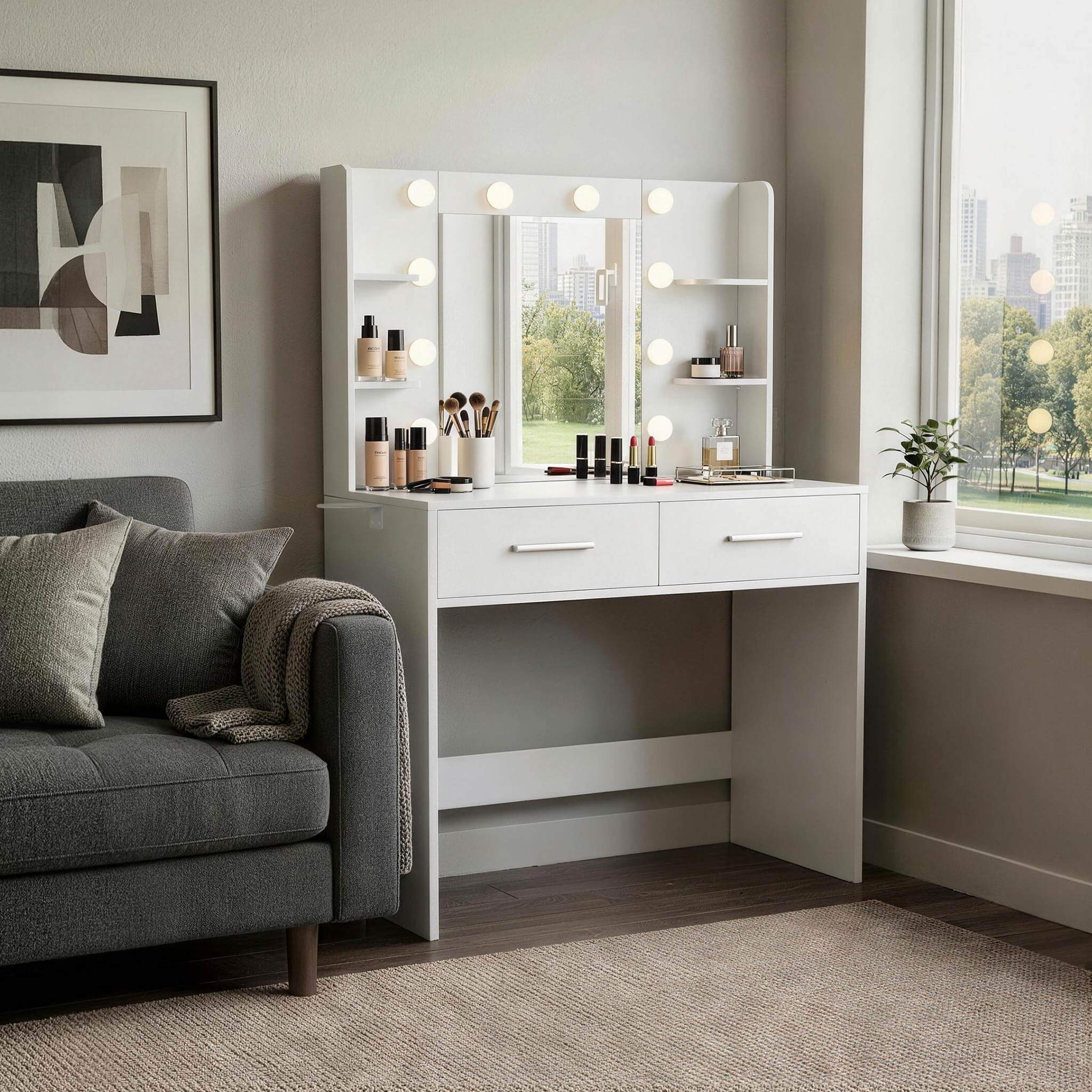 White Treevan Muse Vanity set with stool placed in a modern bedroom setting.