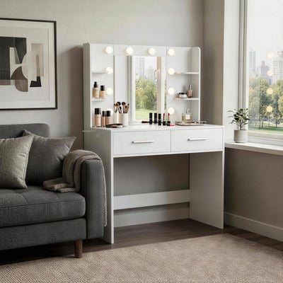 White Treevan Muse Vanity set with stool placed in a modern bedroom setting.