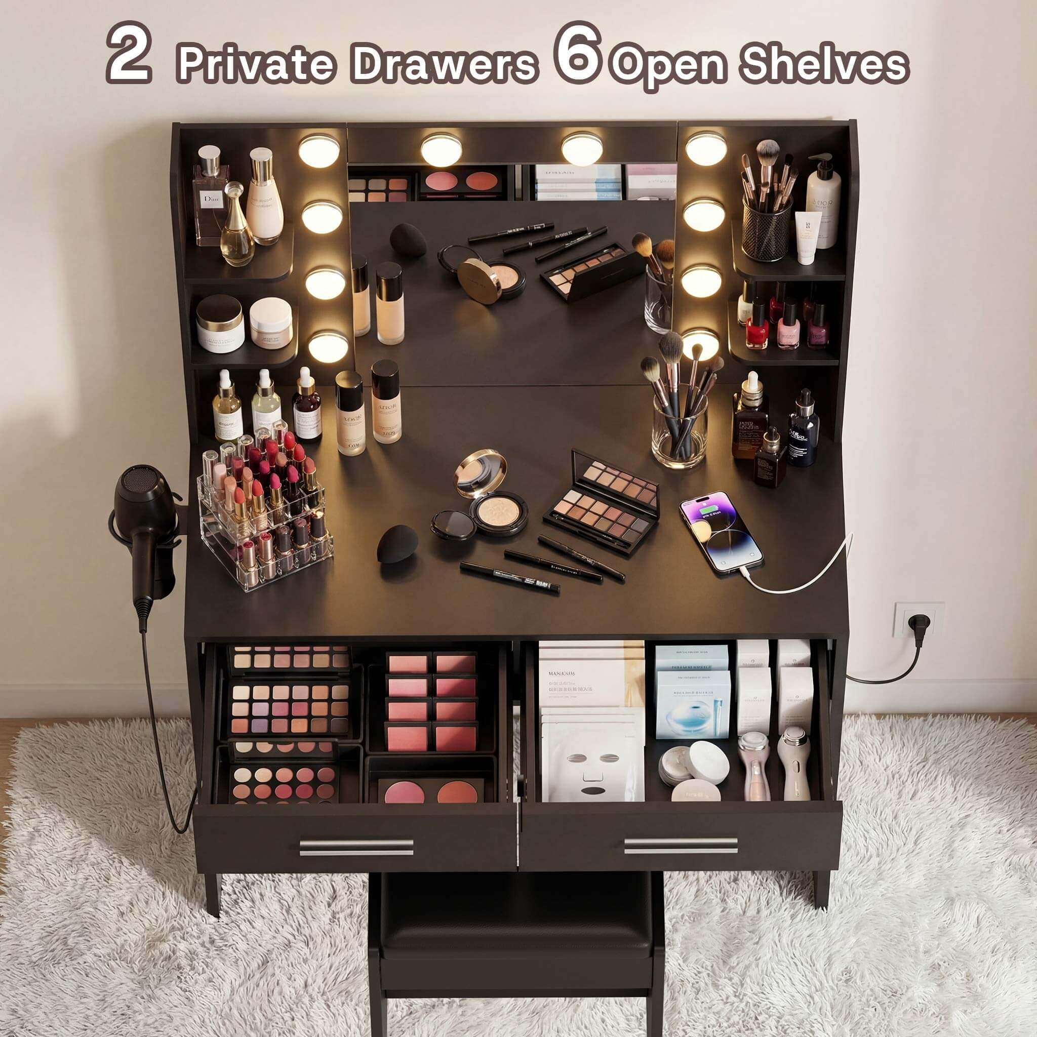 Black Treevan Muse Vanity desk featuring 2 private drawers and 6 open shelves for easy access storage.