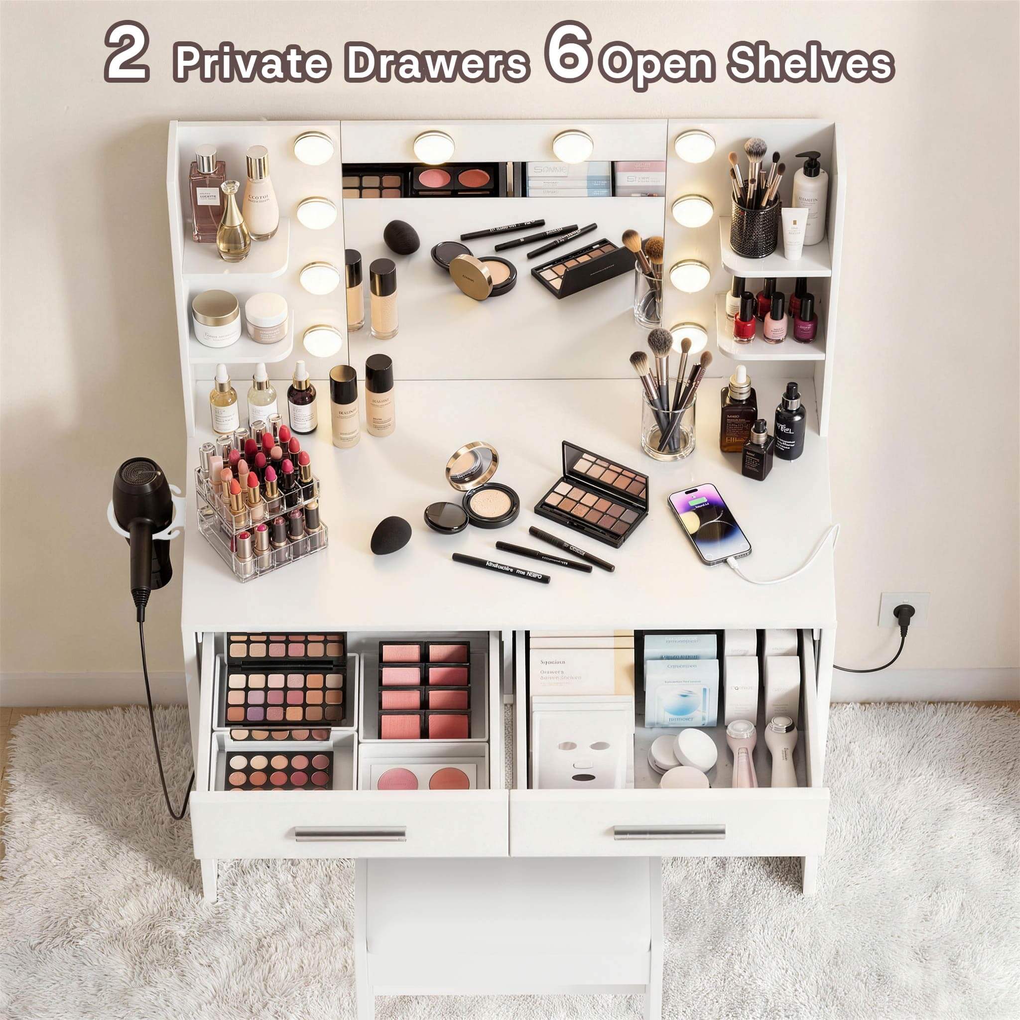 White Treevan Muse Vanity desk featuring 2 private drawers and 6 open shelves for easy access storage.