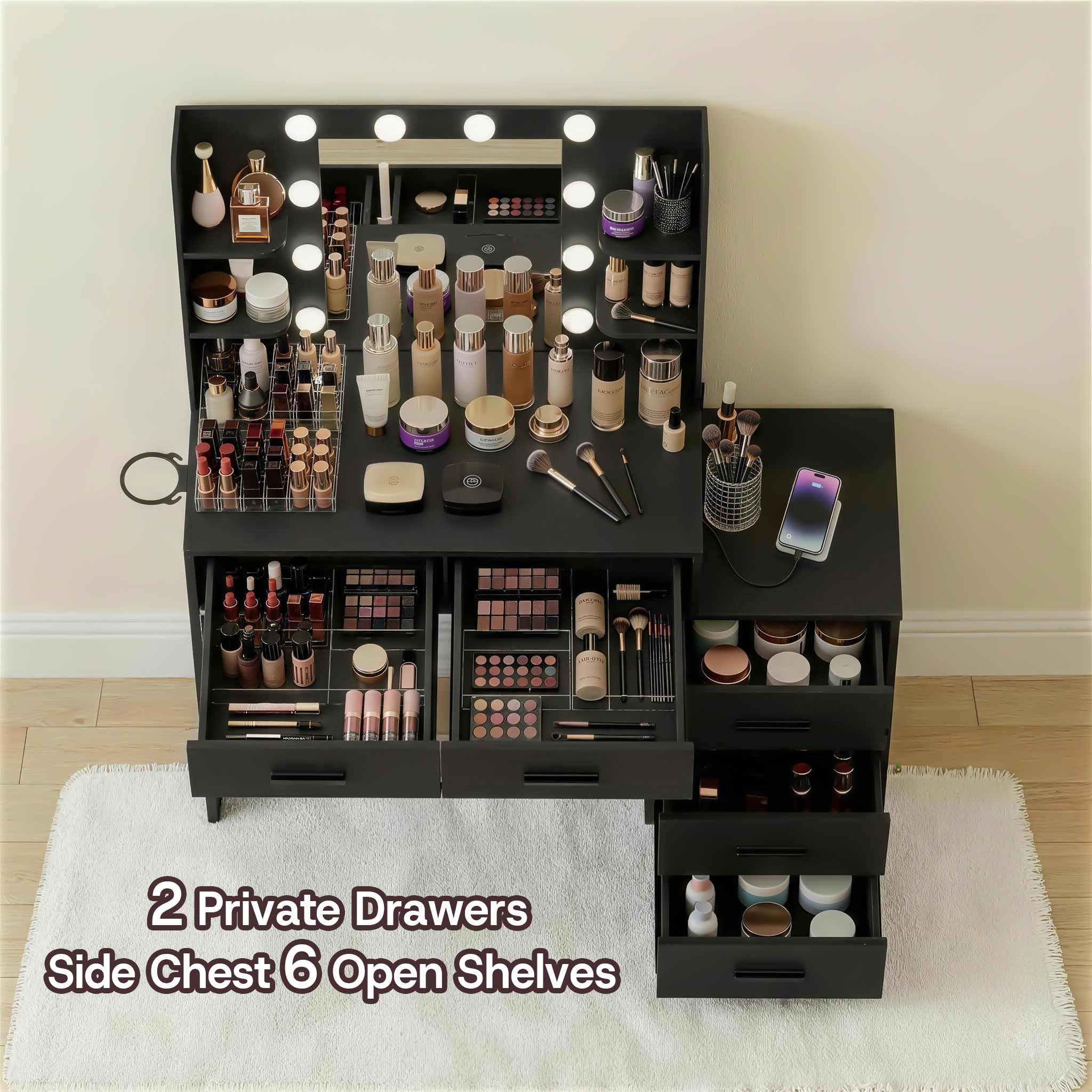 Black Treevan Muse Suite makeup desk featuring 2 table drawers and a 3-drawer side cabinet.