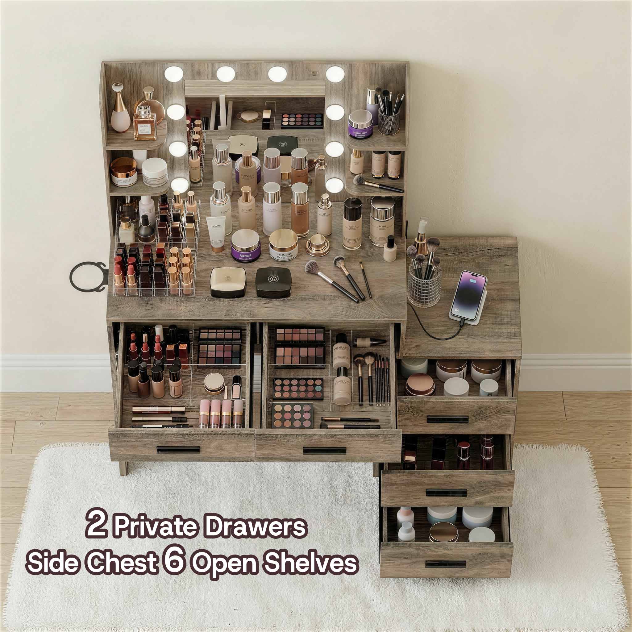 Rustic Oak Treevan Muse Suite makeup desk featuring 2 table drawers and a 3-drawer side cabinet.