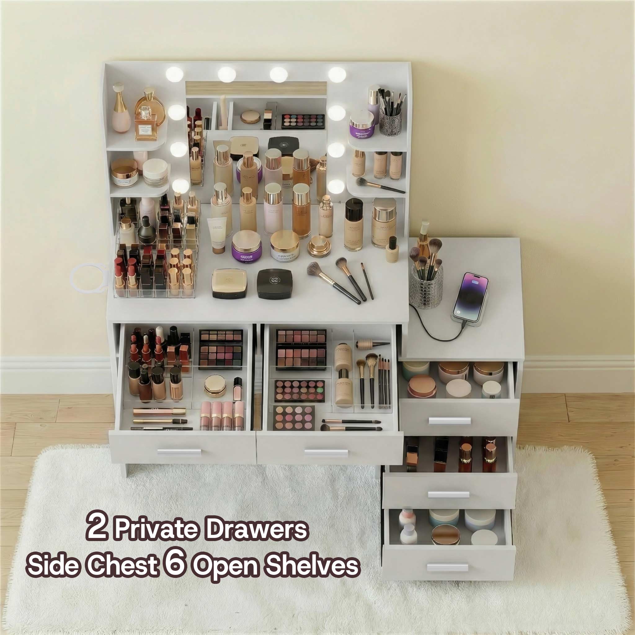 White Treevan Muse Suite makeup desk featuring 2 table drawers and a 3-drawer side cabinet.