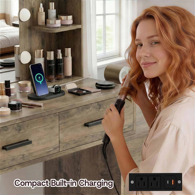 Woman styling hair at Rustic Oak Treevan Muse Suite Vanity desk featuring built-in power outlets and USB ports.