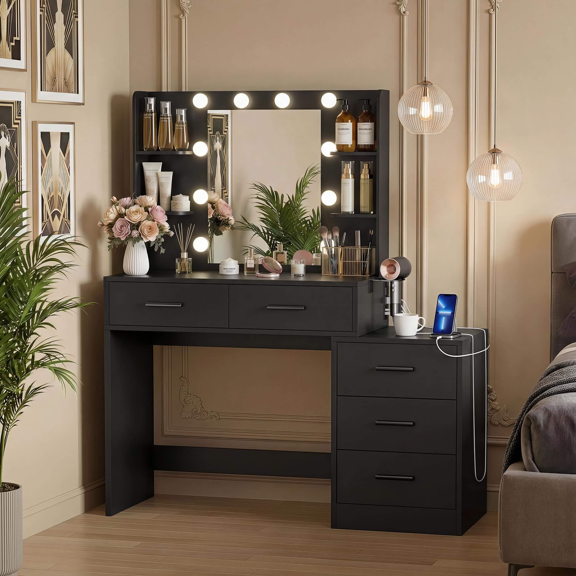 The Treevan Muse Suite makeup vanity featuring a high-capacity side drawer cabinet, providing ultimate deep storage for extensive beauty collections.