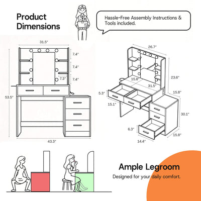Product dimension diagram for Rustic Oak Treevan Muse Suite Vanity table showing extendable width and height.