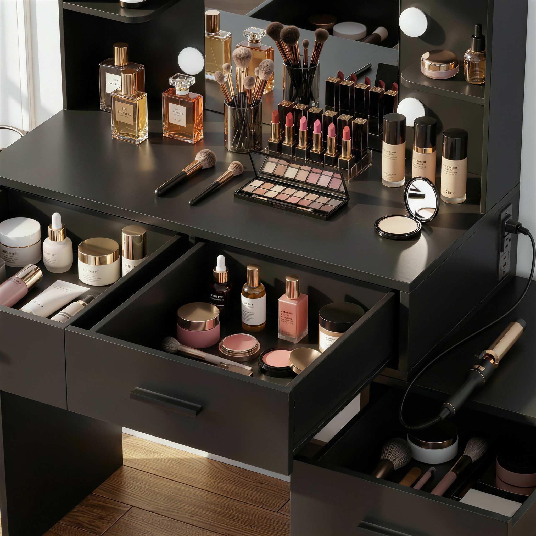 Close-up view of Black Treevan Muse Suite Vanity drawer storage space organized with beauty essentials.