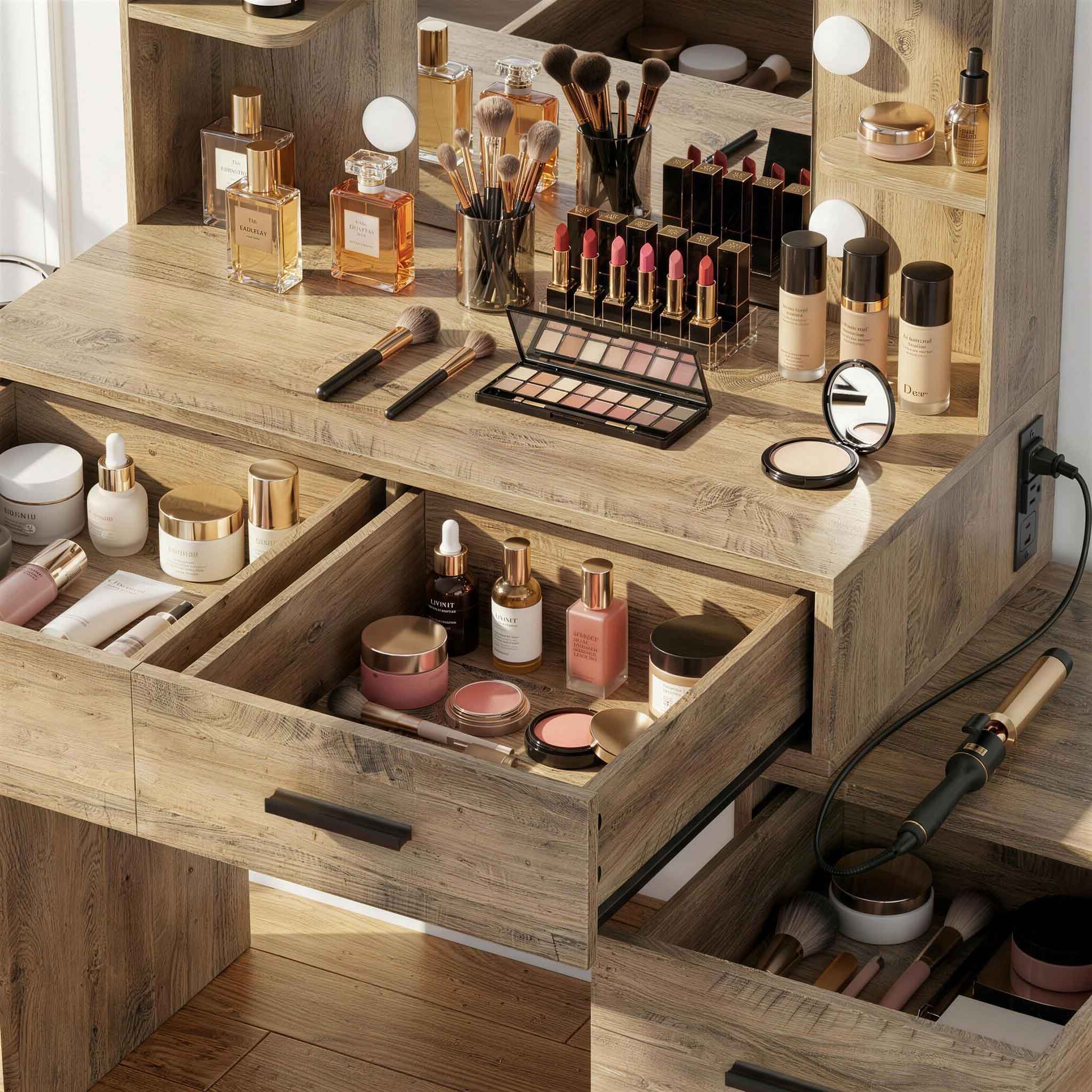 Close-up view of Rustic Oak Treevan Muse Suite Vanity drawer storage space organized with beauty essentials.
