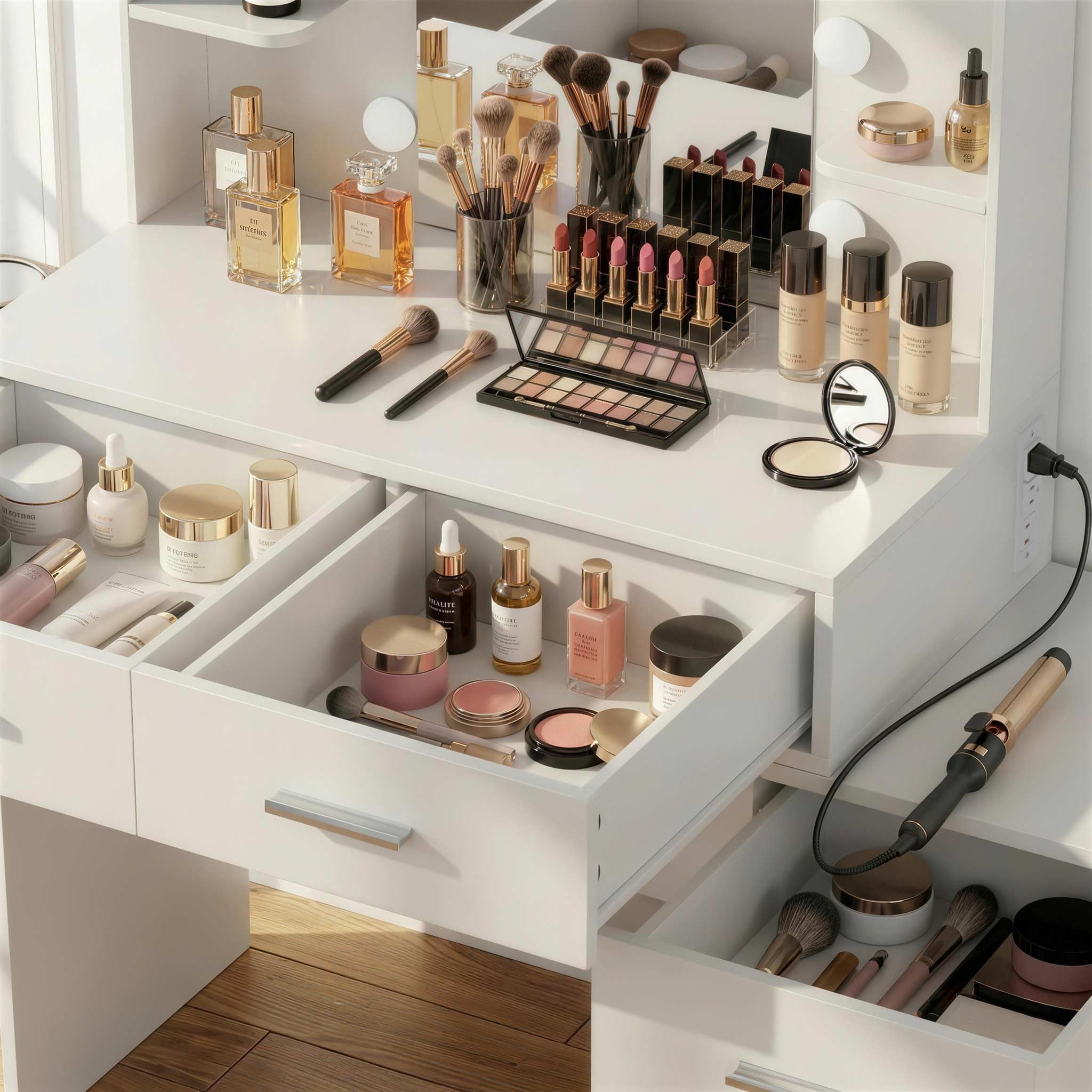 Close-up view of White Treevan Muse Suite Vanity drawer storage space organized with beauty essentials.