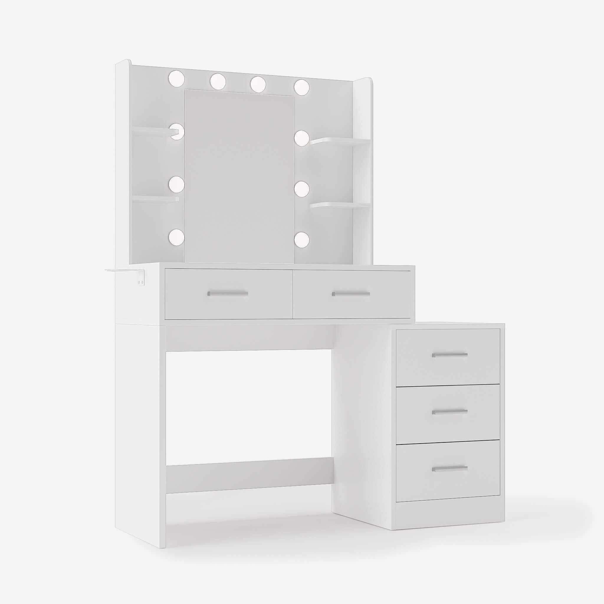White Treevan Muse Suite Vanity desk featuring a movable side chest and 5 drawers for maximum storage.