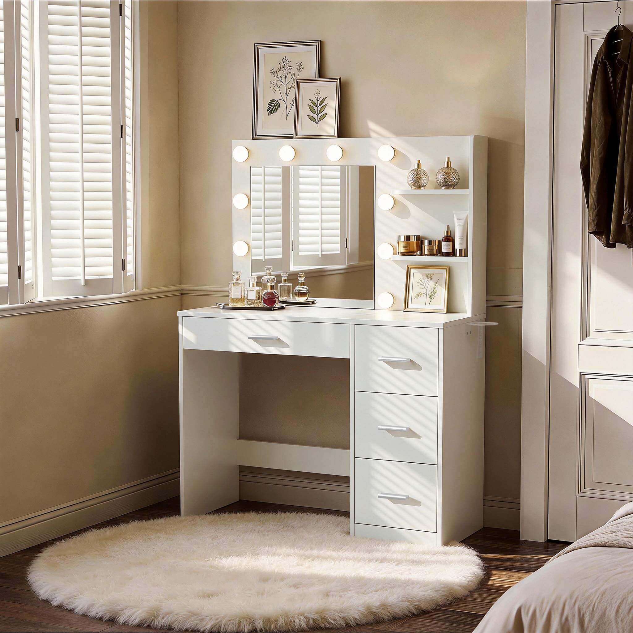 White Treevan Muse Tower Vanity set with Hollywood lights placed in a compact cozy bedroom setting.