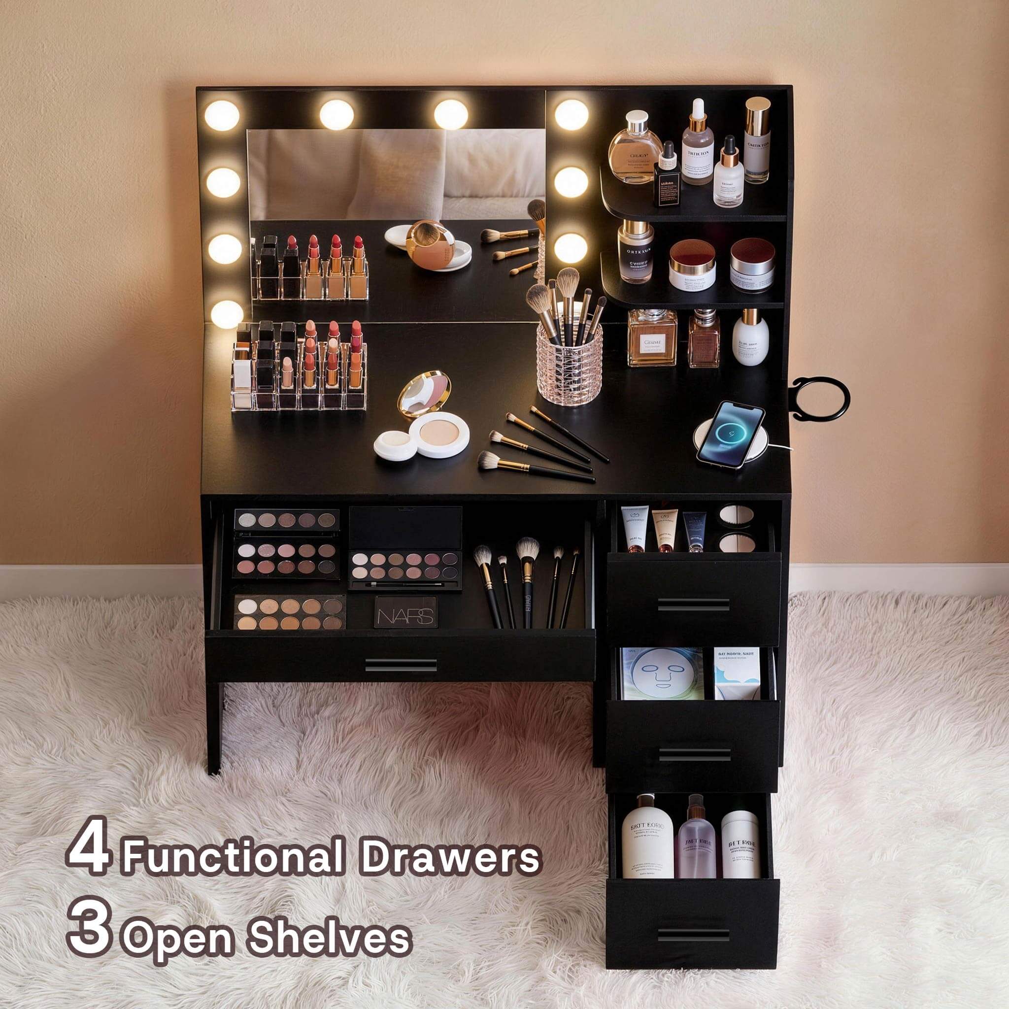 Black Treevan Muse Tower makeup desk featuring 4 functional drawers and 3 open shelves for ample storage.