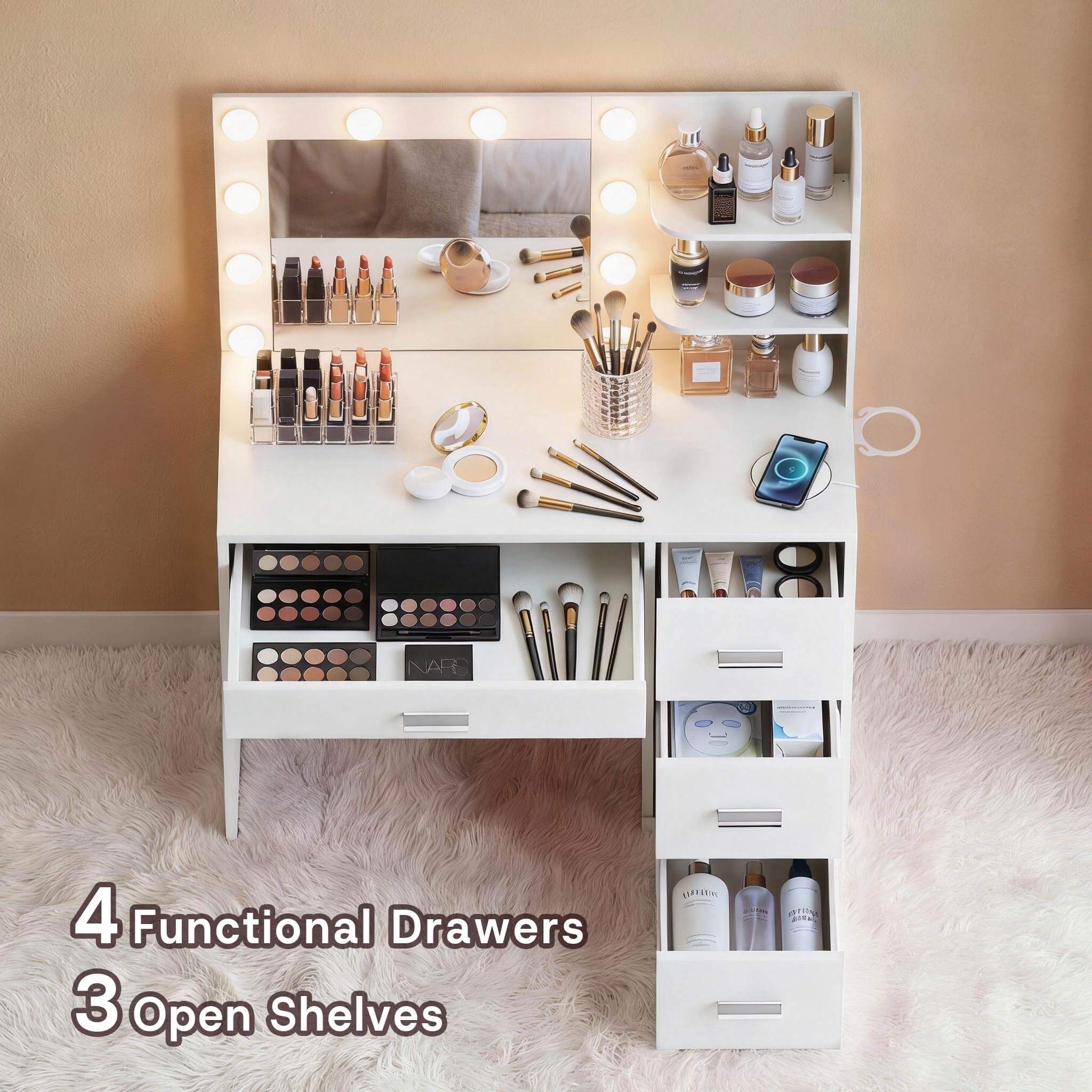 White Treevan Muse Tower makeup desk featuring 4 functional drawers and 3 open shelves for ample storage.