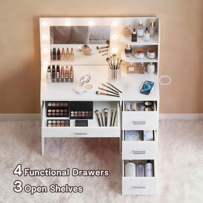 White Treevan Muse Tower makeup desk featuring 4 functional drawers and 3 open shelves for ample storage.
