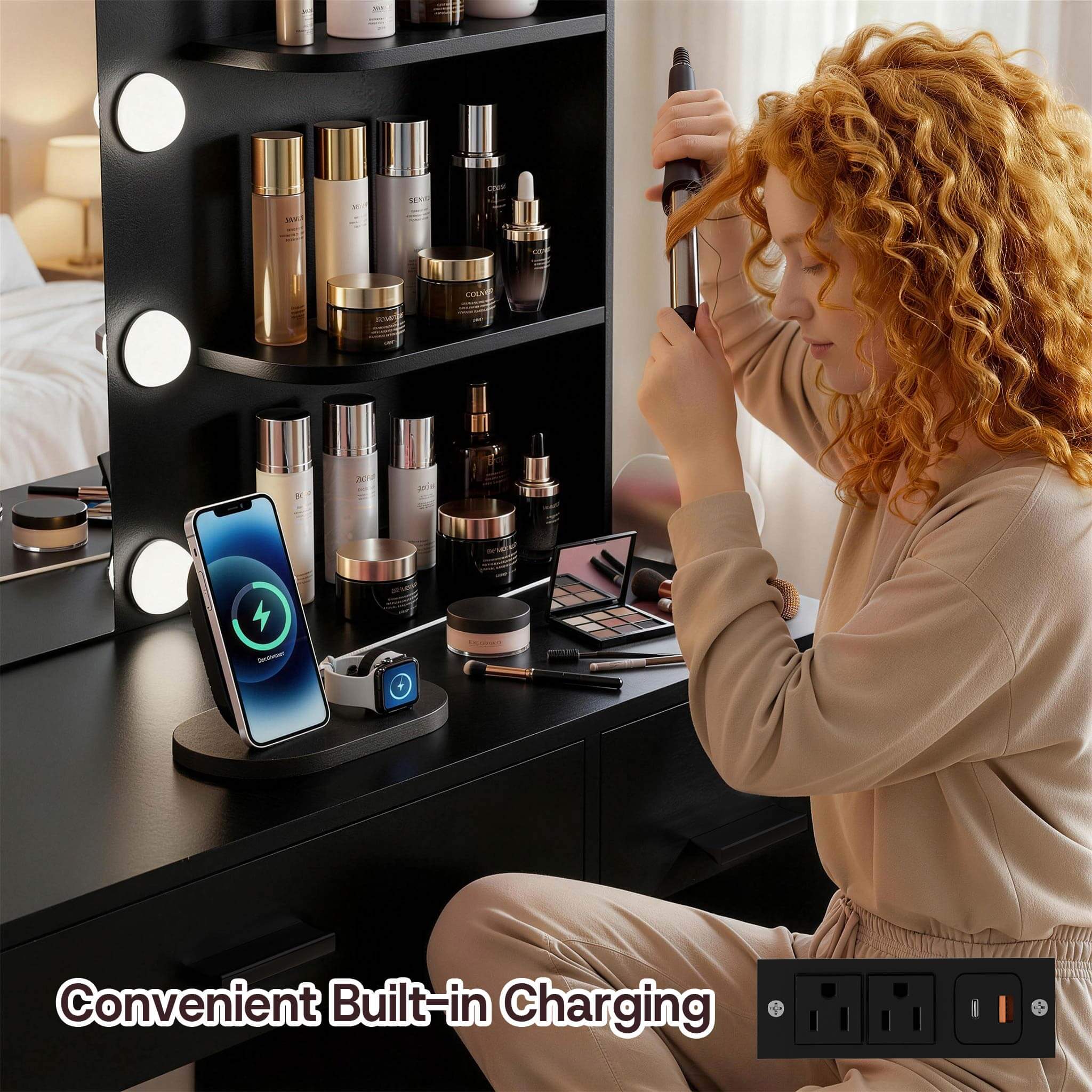Woman styling hair at Black Treevan Muse Tower Vanity desk featuring a convenient built-in charging station.