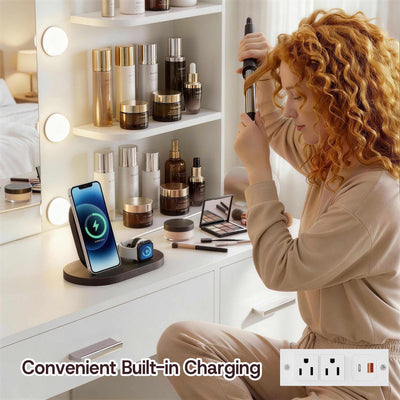 Woman styling hair at White Treevan Muse Tower Vanity desk featuring a convenient built-in charging station.