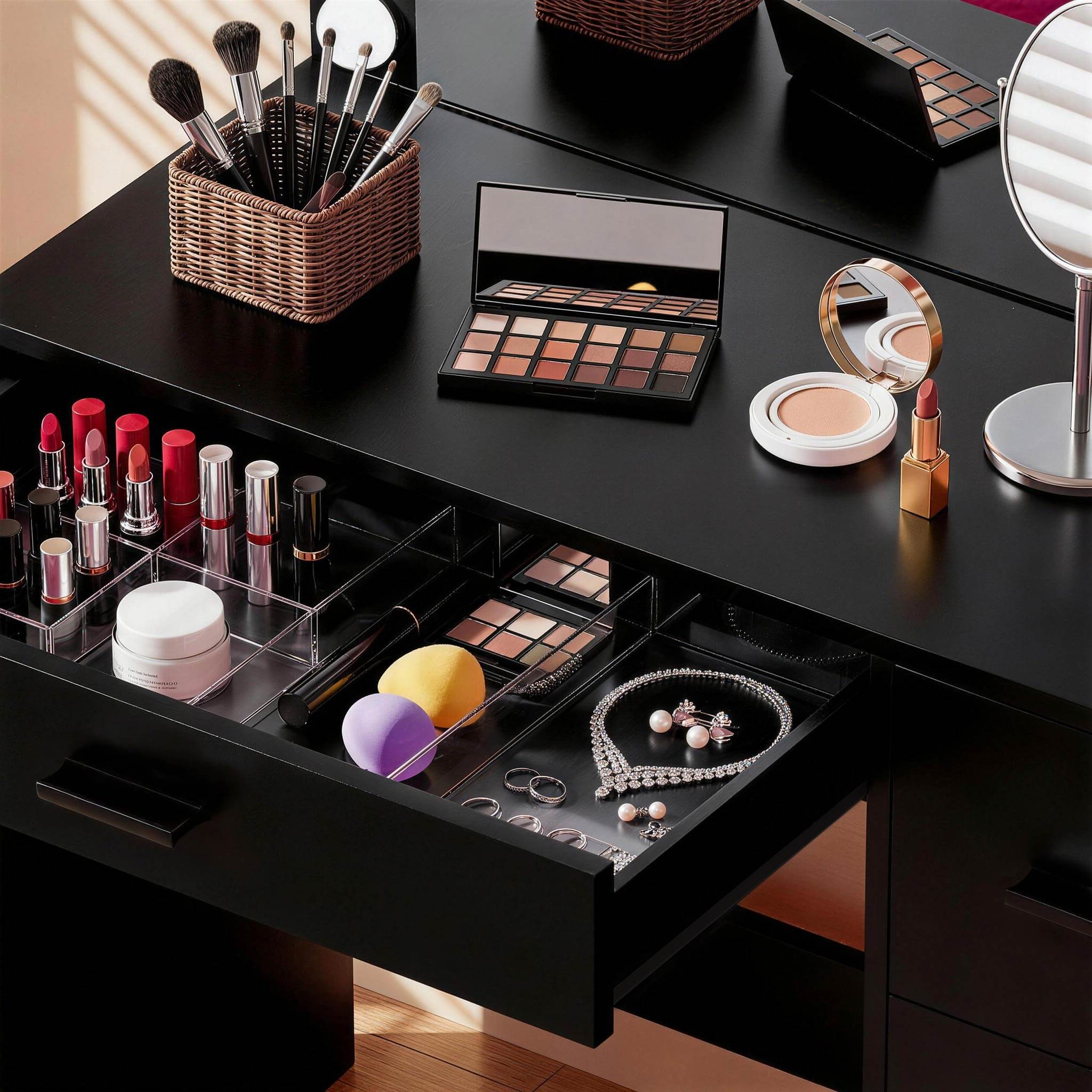 Close-up view of Black Treevan Muse Tower Vanity drawer storage space organized with cosmetics.