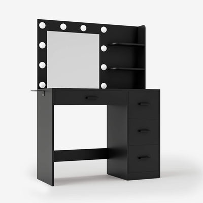 Black Treevan Muse Tower Vanity table featuring a lighted mirror and vertical storage shelves.