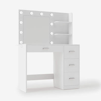 White Treevan Muse Tower Vanity table featuring a lighted mirror and vertical storage shelves.
