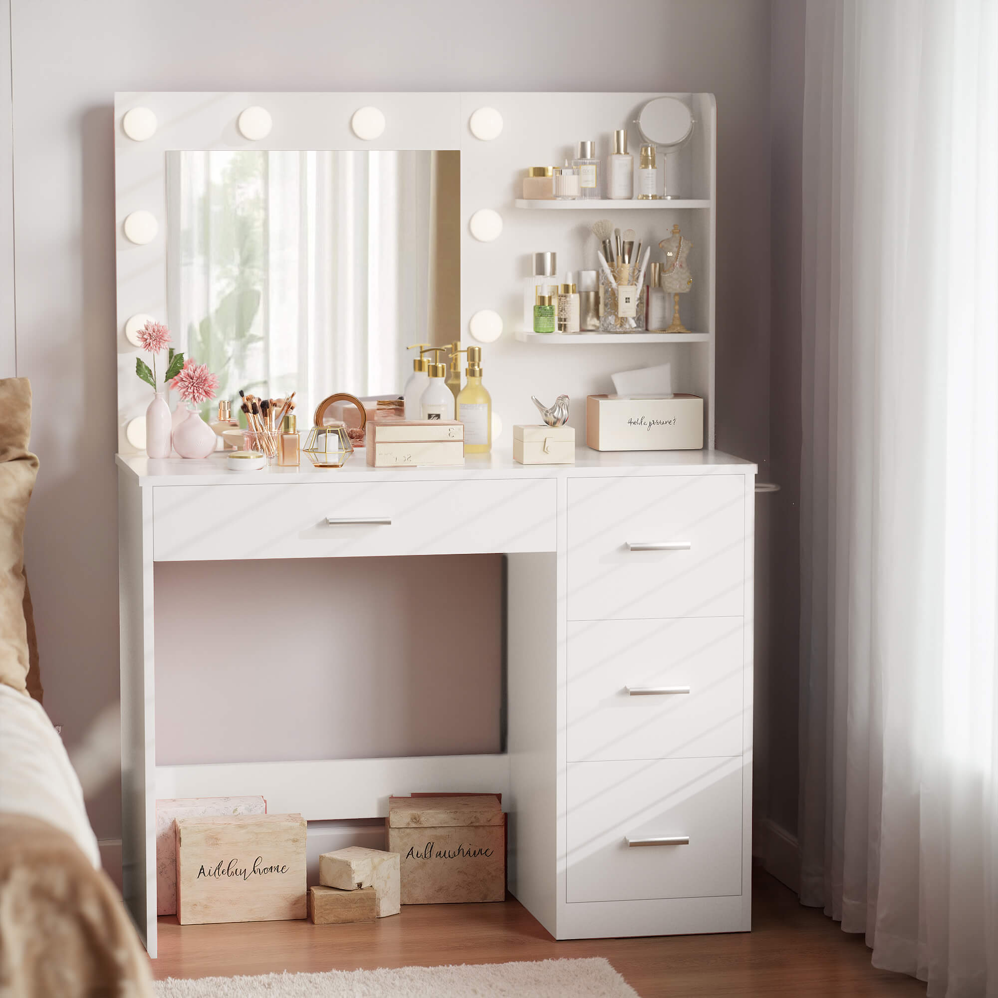 Space-saving Treevan Muse Tower vertical vanity desk showcasing 4 large deep drawers, maximizing makeup storage for small bedroom footprints.