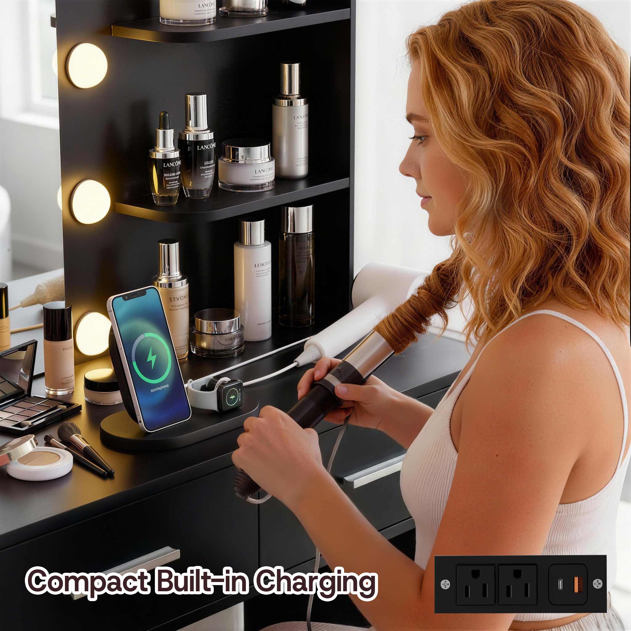 Woman styling hair at Black Treevan Muse Vanity desk featuring compact built-in charging ports.