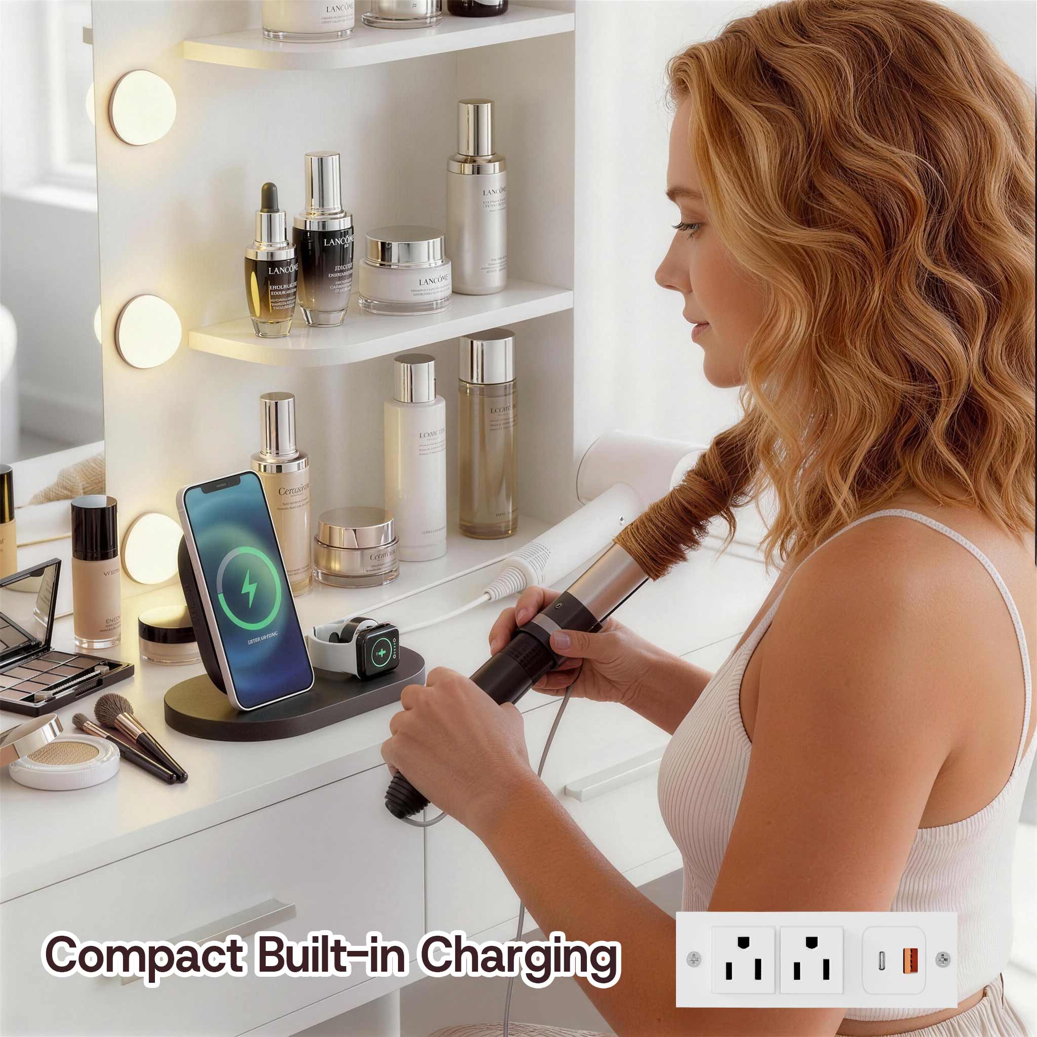Woman styling hair at White Treevan Muse Vanity desk featuring compact built-in charging ports.