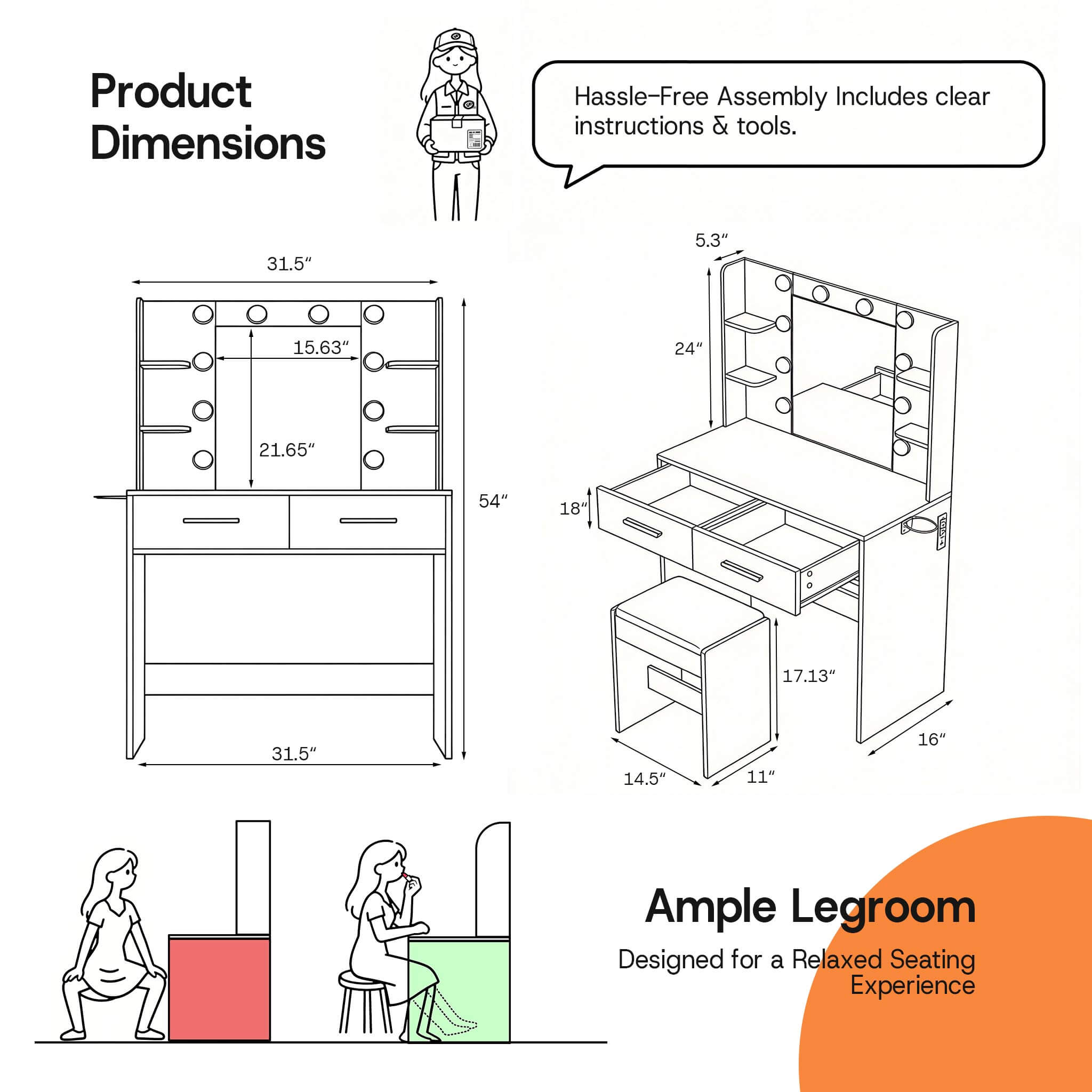 Product dimension diagram for White Treevan Muse Vanity table showing 31.5 inch width and stool size.