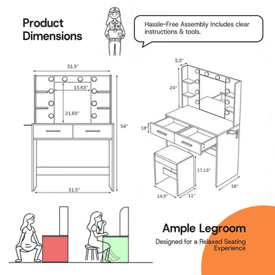 Product dimension diagram for White Treevan Muse Vanity table showing 31.5 inch width and stool size.