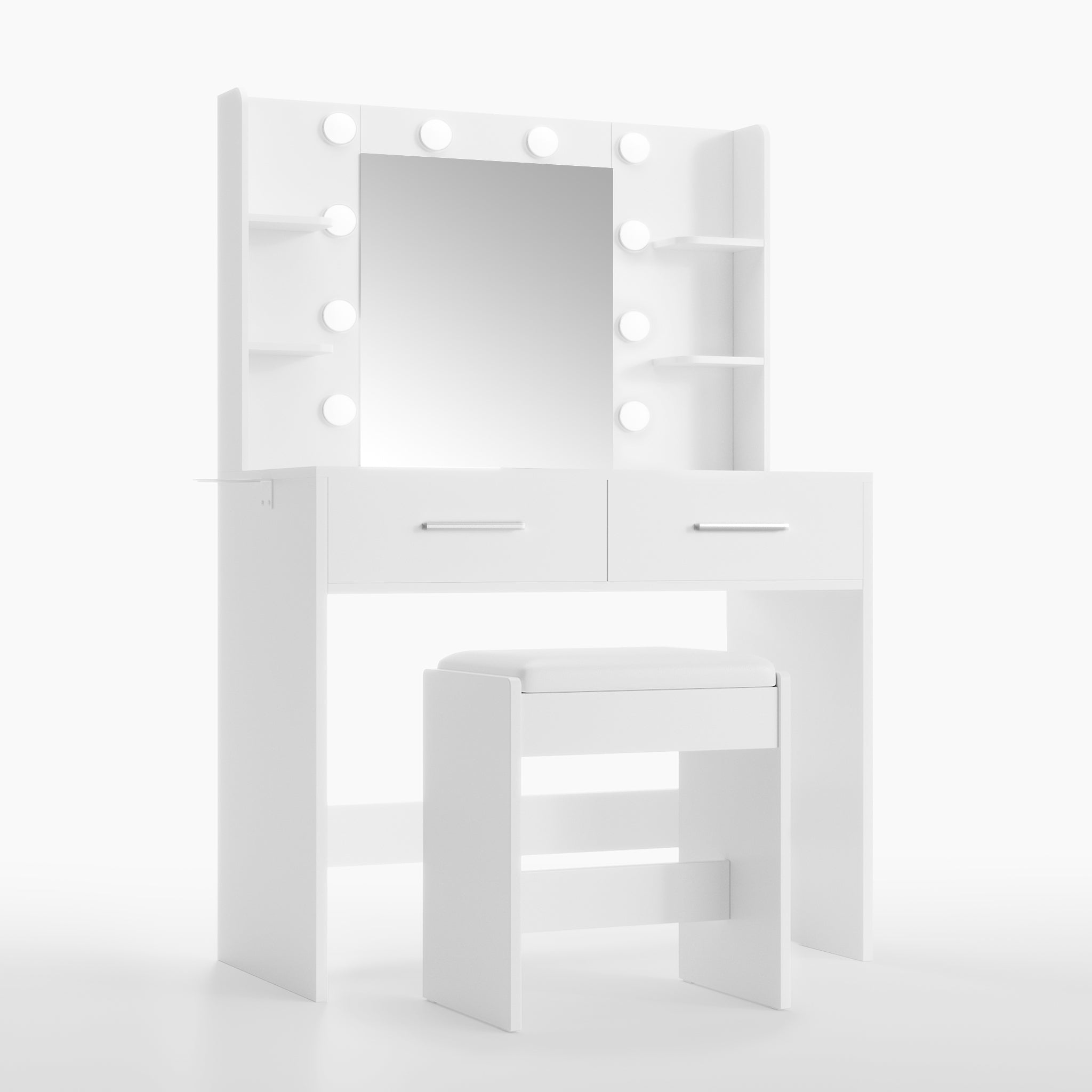 White Treevan Muse Vanity table with stool featuring 6 open shelves and a lighted mirror.