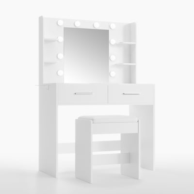 White Treevan Muse Vanity table with stool featuring 6 open shelves and a lighted mirror.